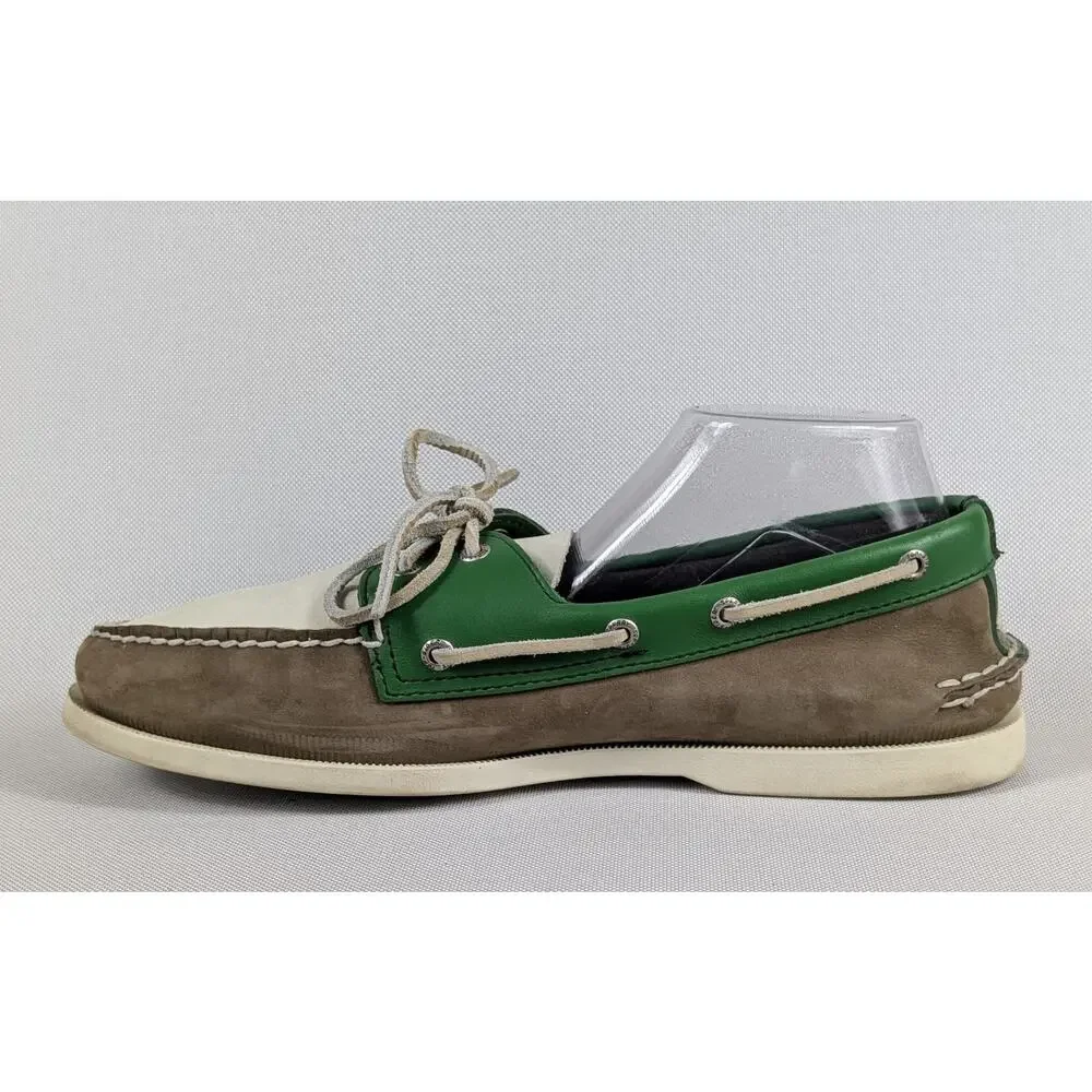 Sperry Top Sider Boat Shoes Mens Size 11M Green White Brown Leather Two Eyelet